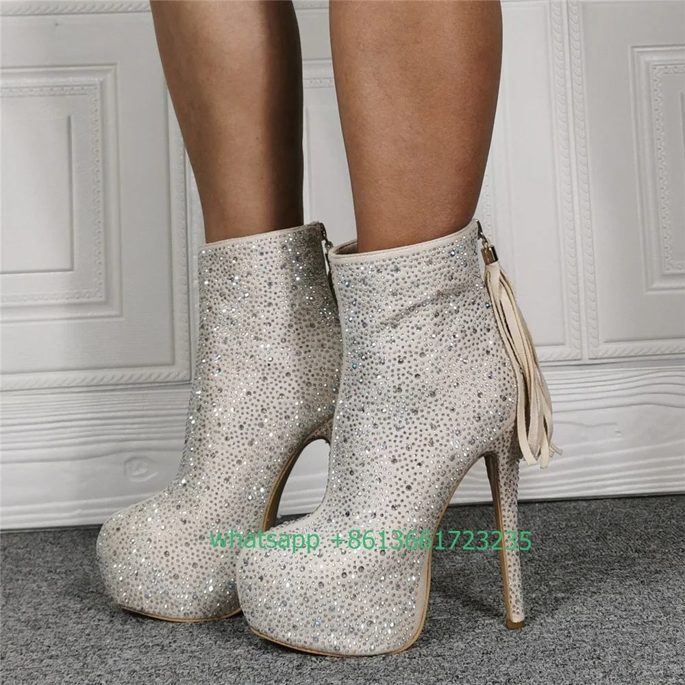 Sexy Shiny Crystal Ankle Boots Stiletto Heel Platform Back Zipper Fringe Short Boots Women Fashion Super High Heels Large Size47
Sexy Shiny Crystal Ankle Boots Stiletto Heel Platform Back Zipper Fringe Short Boots Women Fashion Super High Heels Large Size47