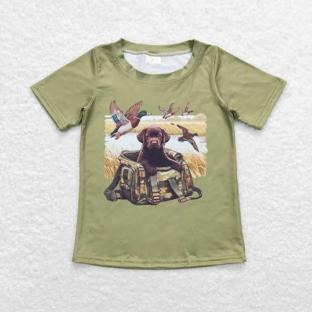 

Wholesale hot sale t-shirts western boutique clothing for baby boys clothes Duck camouflage bag Puppy green short-sleeved top