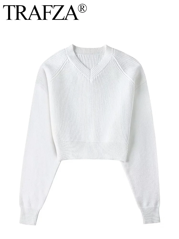 

TRAFZA New Sweet Girls Short Knitted Jumpers Women V-neck White Sweater 2024 Spring Soft Long Sleeve Causal Pullover Tops