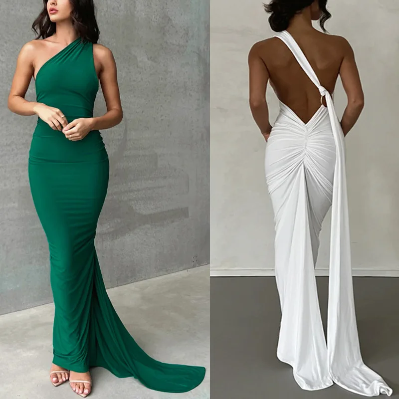 Backless High Waist Bodycon Dresses Single Slanted Shoulder Mop Floor Dress Women Long Dress
Backless High Waist Bodycon Dresses Single Slanted Shoulder Mop Floor Dress Women Long Dress