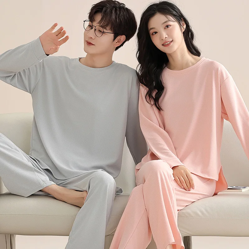 

Big Size 3XL 4XL Couples Nightwear Cotton Long Sleeves Sleeping Top Long Pant Pajamas Set Women and Men Solid Pyjamas pijamas