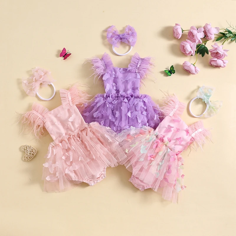 

Baby Girls Rompers Dress Feather Fly Sleeve 3D Butterfly Mesh Tulle Skirt Hem Infant Bodysuits with Headband Summer Clothes