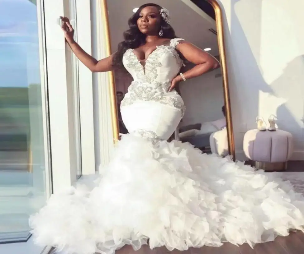 

African Mermaid Wedding Dress Sweetheart Ruffle Royal Train Black Bride Dress Beading Formal Bridal Gown Plus Size Pageant