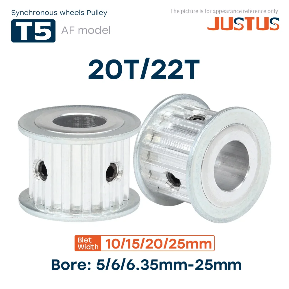 AF Shape 20T/22 Teeth Synchronous Wheels Bore 5/6/6.35-25mm Teeth Pitch 5mm For T5 Width 10/15/20/25mm Rubber Belt
AF Shape 20T/22 Teeth Synchronous Wheels Bore 5/6/6.35-25mm Teeth Pitch 5mm For T5 Width 10/15/20/25mm Rubber Belt