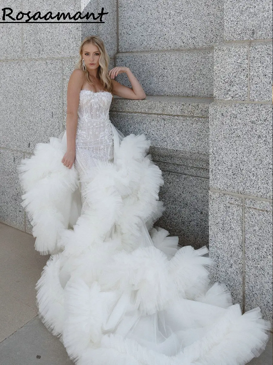 Luxurious Strapless Pearls Beading 3D Flowers Mermaid Wedding Dresses Detachable Train Tulle Pleat Boho Bridal Gowns
Luxurious Strapless Pearls Beading 3D Flowers Mermaid Wedding Dresses Detachable Train Tulle Pleat Boho Bridal Gowns