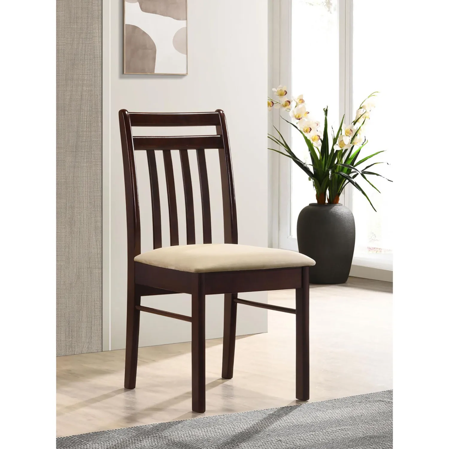 

Elegant Light Brown and Cappuccino Slat Back Desk Chair for Stylish Comfort and Support in Home or Office Settings. desk