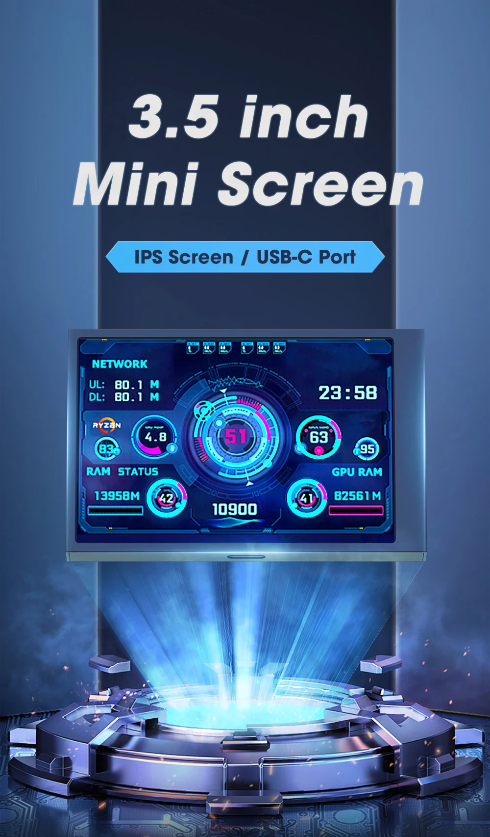 Generic 3.5 Inch 5 Inch IPS Screen USB C Port CPU RAM HDD Monitor USB Display for Freely A64