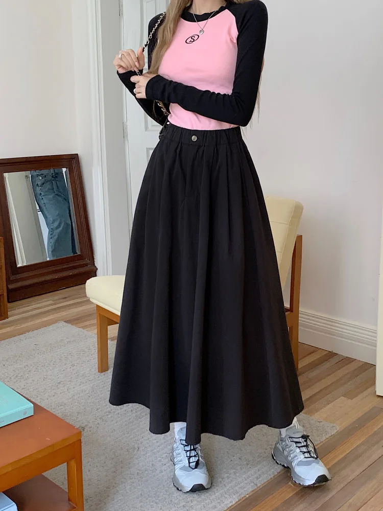 

Khaki Elegant Pleated Skirt For Women Pockets Office Ladies Casual A-line Elastic High Waist Black Long Skirt Autumn Winter Fal