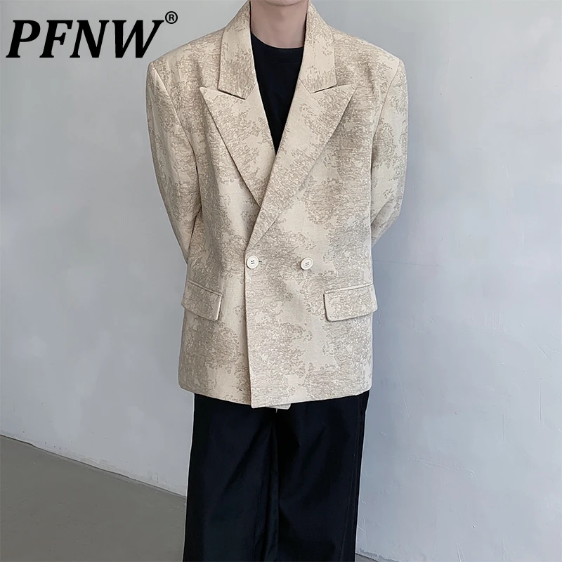 

PFNW Linen Jacquard Suit Coat For Men's High Sense Streetwear Loose Trendy Silhouette Apricot Blazer Tide Fashion Korean 12P1429