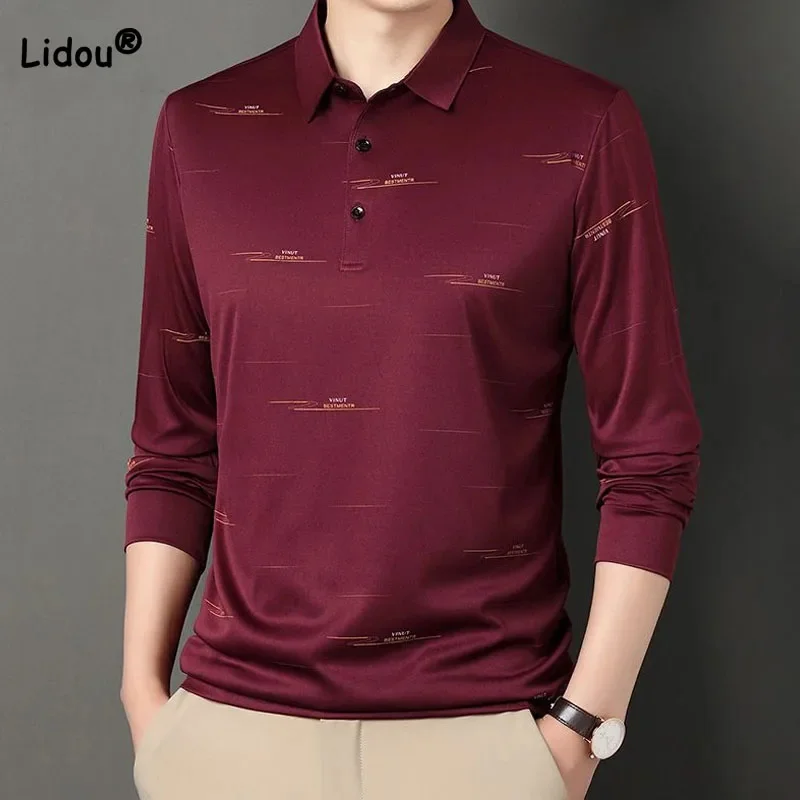 

Men's Fashionable Printed Spliced Long Sleeve T-shirt 2024 Spring Male Clothes Trend Solid Color Korean Polo-Neck Pullovers Tops