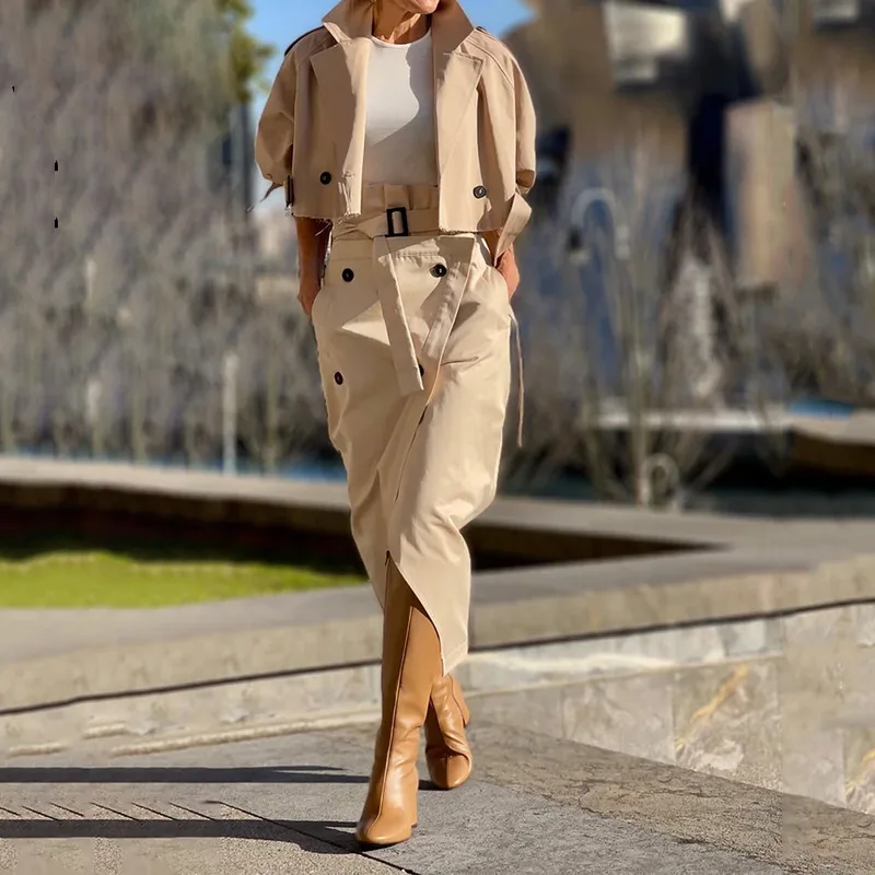 Spring New Fashion Solid Tie-up Skirts Outfit Women Button Lapel Blazer Cardigan & Slit Skirt Set Autumn Two Piece Overalls Suit
Spring New Fashion Solid Tie-up Skirts Outfit Women Button Lapel Blazer Cardigan & Slit Skirt Set Autumn Two Piece Overalls Suit