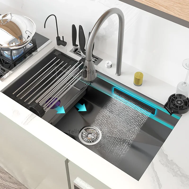 

304 Stainless Steel Kitchen Sink Waterfall Sink Large Single Slot Multi-functional Wash Basin Can Be Installed Under The Counter