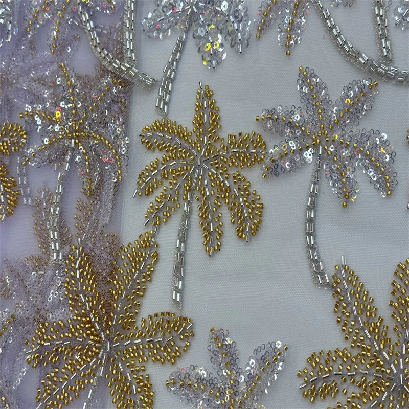 

High Quality Nigeria Lace Fabric French Sequins Lace Fabric Luxury Embroidery Heavy Beaded Lace Fabric for Wedding RJW-1037