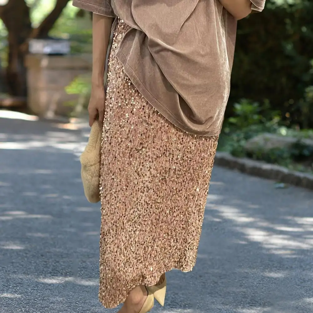 

Elastic Waist Skirt Sequins High Waist Midi Skirt with Back Split Design Stretchy Elastic Waist Shiny Streetwear Mid-calf Length