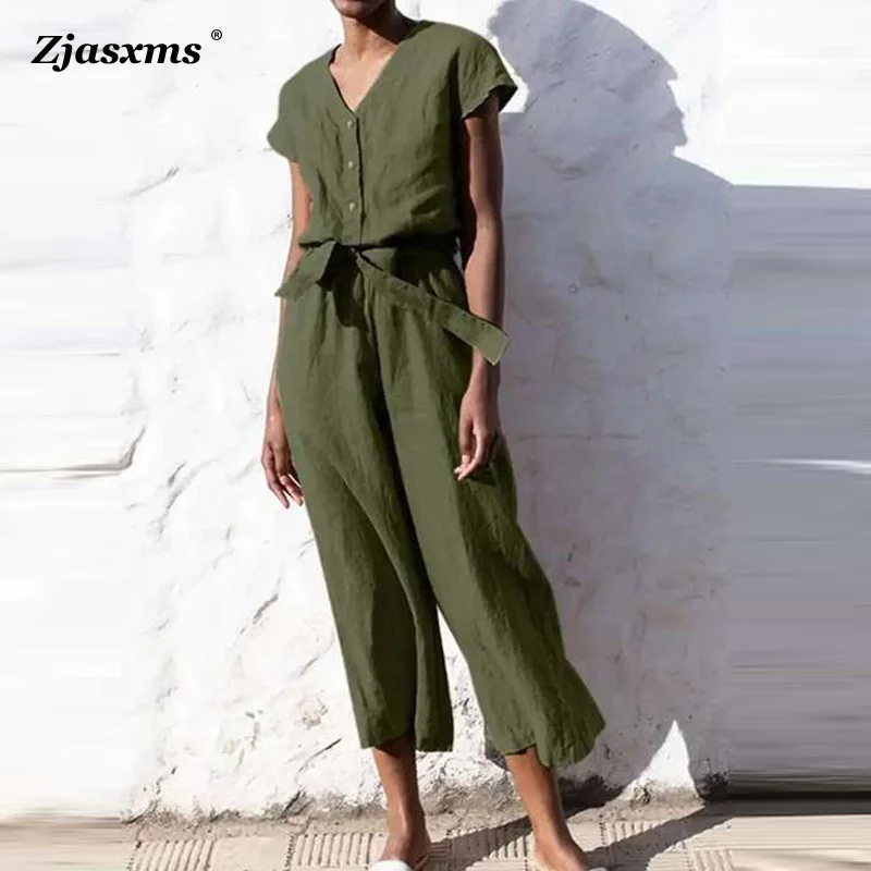 Women Nail Buckle Lace-up Short Sleeve Romper Summer Cotton Linen High Waist jumpsuit Lady Solid Color V Neck Straight Leg Pants
Women Nail Buckle Lace-up Short Sleeve Romper Summer Cotton Linen High Waist jumpsuit Lady Solid Color V Neck Straight Leg Pants