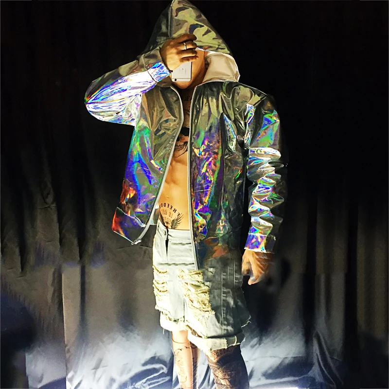 

Nightclub DS Male Singer DJ Mirror Laser Silver Blue Coat Loose Ribbon Hooded Jacket Rave Clothes Gogo Dancer Costume XS2847