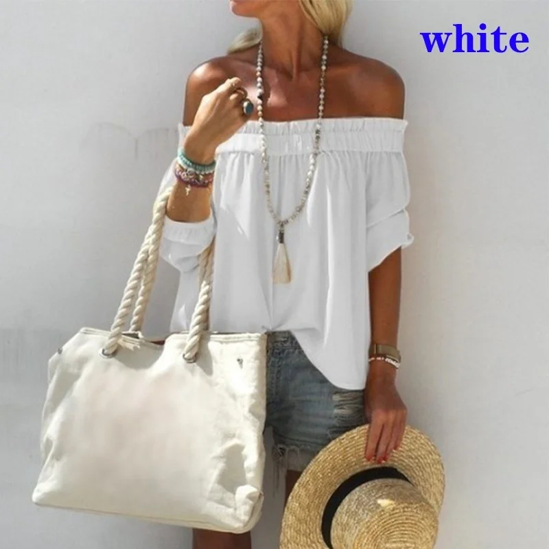 Fashion Pleated One-line Neck Off The Shoulder Tops Ladies Summer Daily Commuter Loose T-Shirt Women's Solid Color Chiffon Tees
Fashion Pleated One-line Neck Off The Shoulder Tops Ladies Summer Daily Commuter Loose T-Shirt Women's Solid Color Chiffon Tees