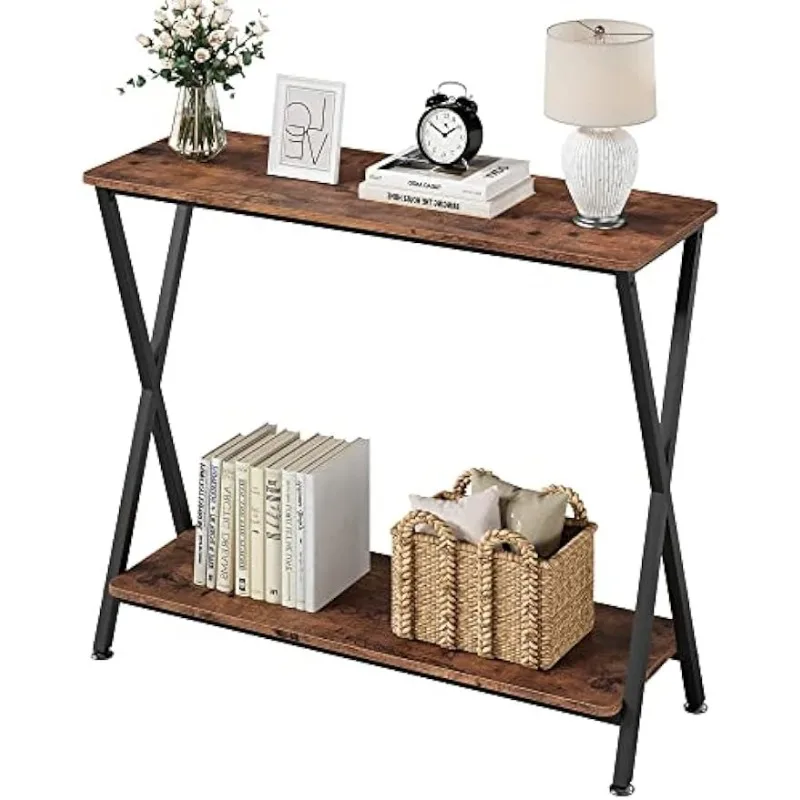 

Console Table, Sofa Tables Narrow Entryway Table with Storage Shelf and Metal Frame, 33.5” Behind Couch Table Brown