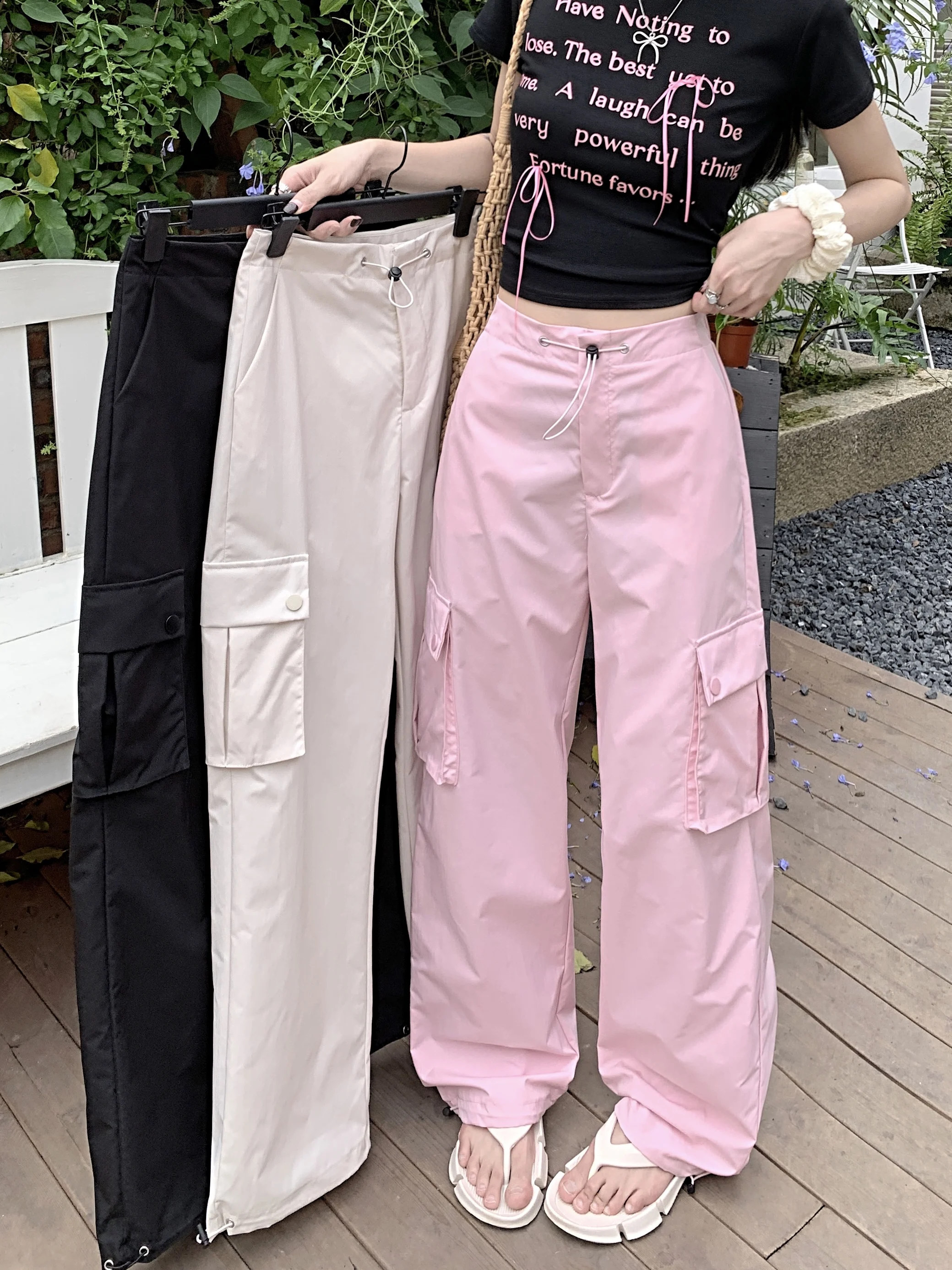 

American style multi pocket workwear pants 2024 new loose and slimming casual leggings summer pink straight leg pants