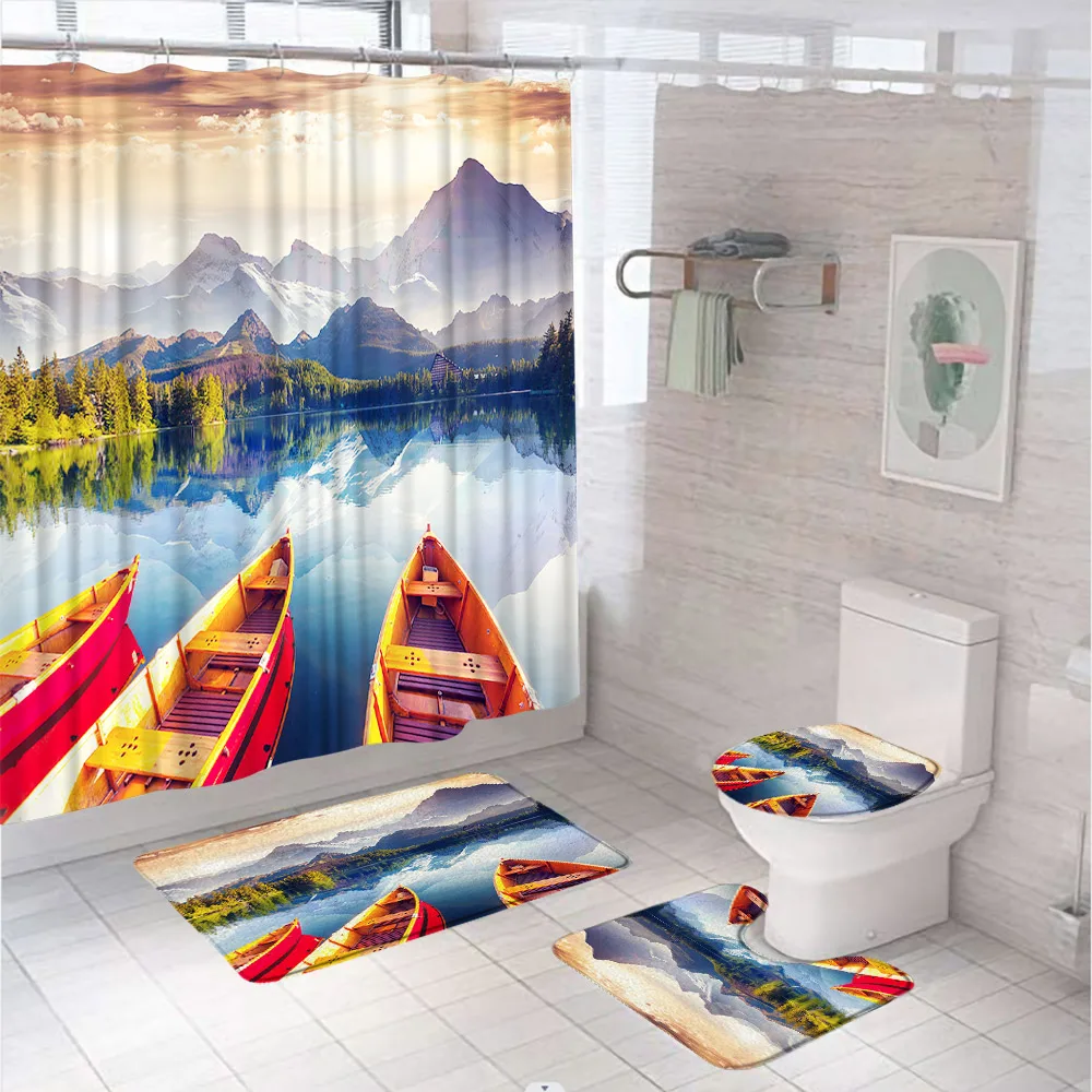 

Mountain Forest Shower Curtain Set Non-Slip Rug Toilet Lid Cover Bath Mat 12 Hooks Lake Boat Park Waterproof Bathroom Curtains