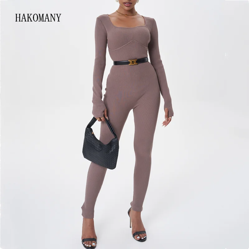 

2023 Sexy Women Back Zipper Slim Waist Strech Long Pants Jumpsuits Romper Square Collar Corset Full Sleeve Knittting Bodysuits