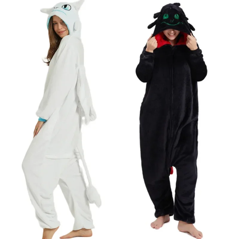 

Toothless white black dragon onesie adult unisex flannel pajama anime cosplay costume train your night Fury sleepwear homewear