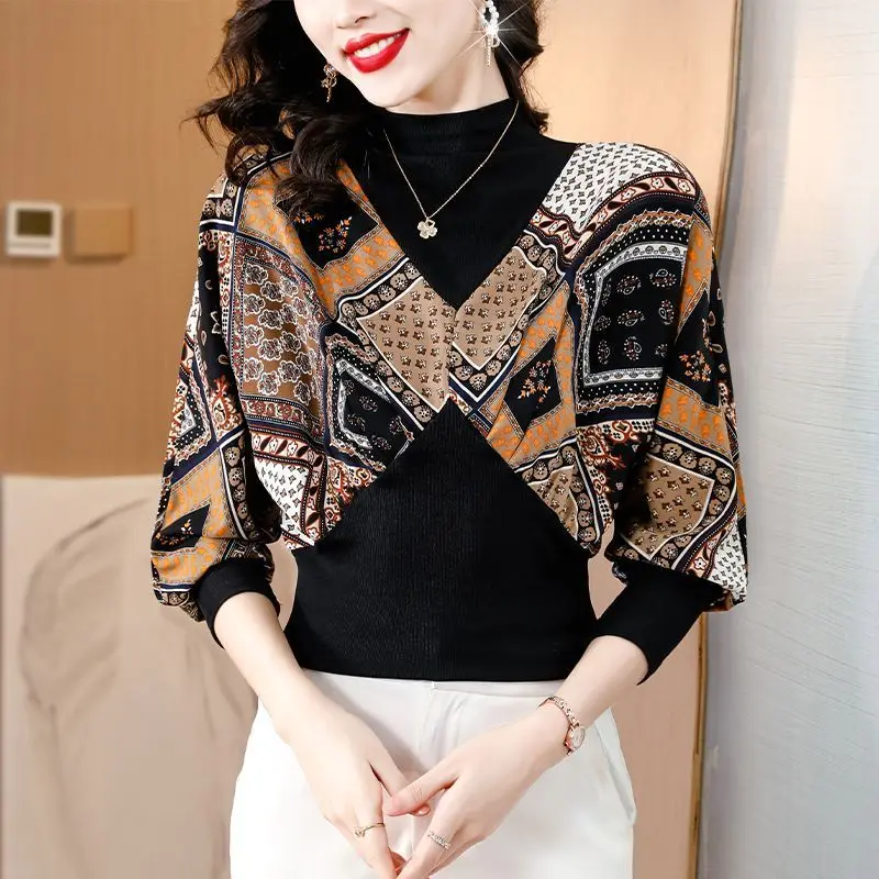 

Spring Autumn New Printing Patchwork T Shirt Tops Long Sleeve Contrast Vintage Pullovers Fashion Street Casual Women Clothing