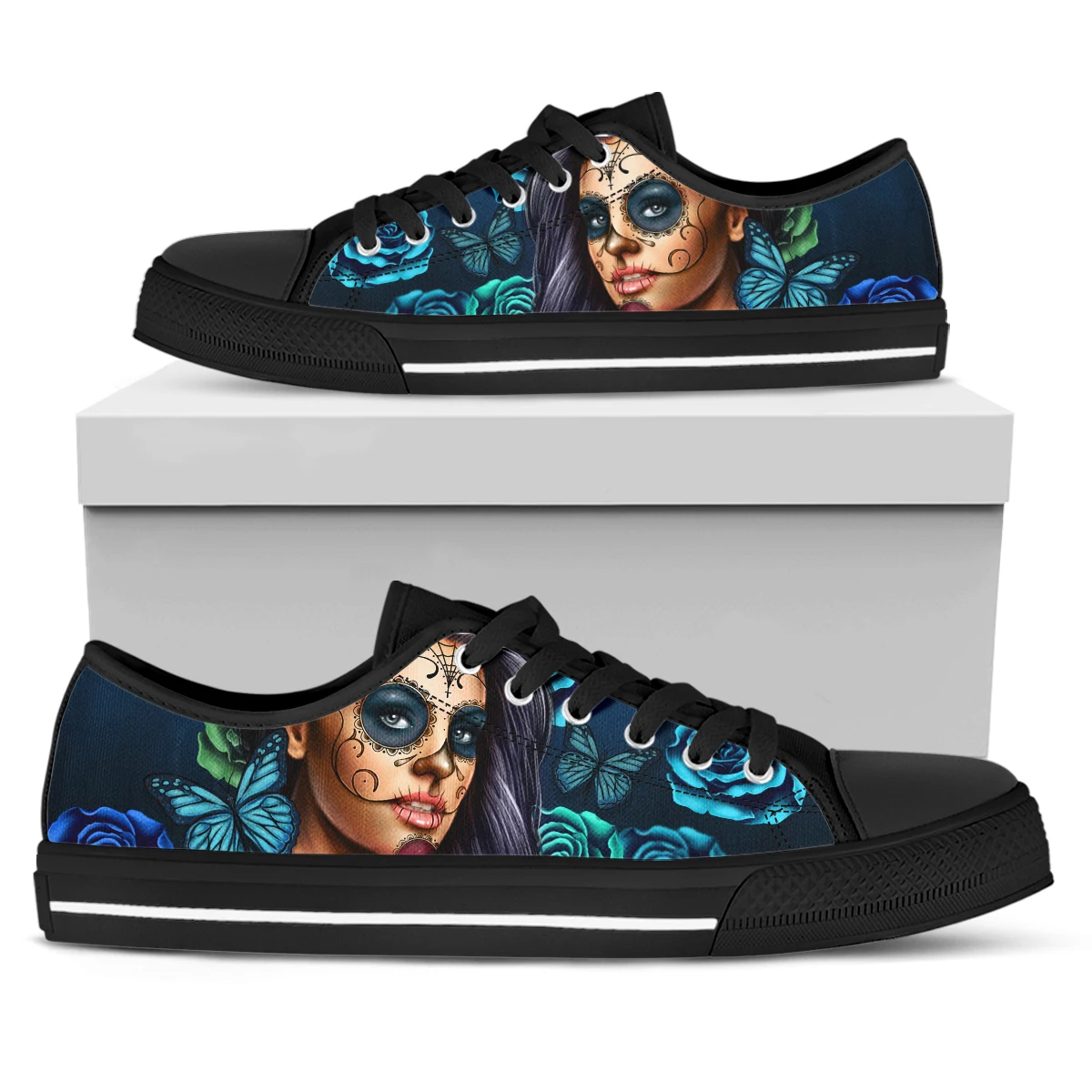 

ELVISWORDS Fashion Sugar Skull Girl Design Butterfly Flower Print Lightweight Lace-up Women's Vulcanized Shoes Casual Sneakers