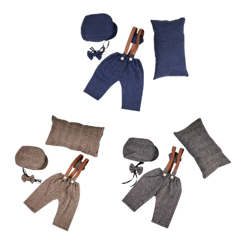 

YYDS Newborn Costume Photography Clothes Vintage Uniform Hat Suspender Pants Photo Props Photo Posing Pillow
