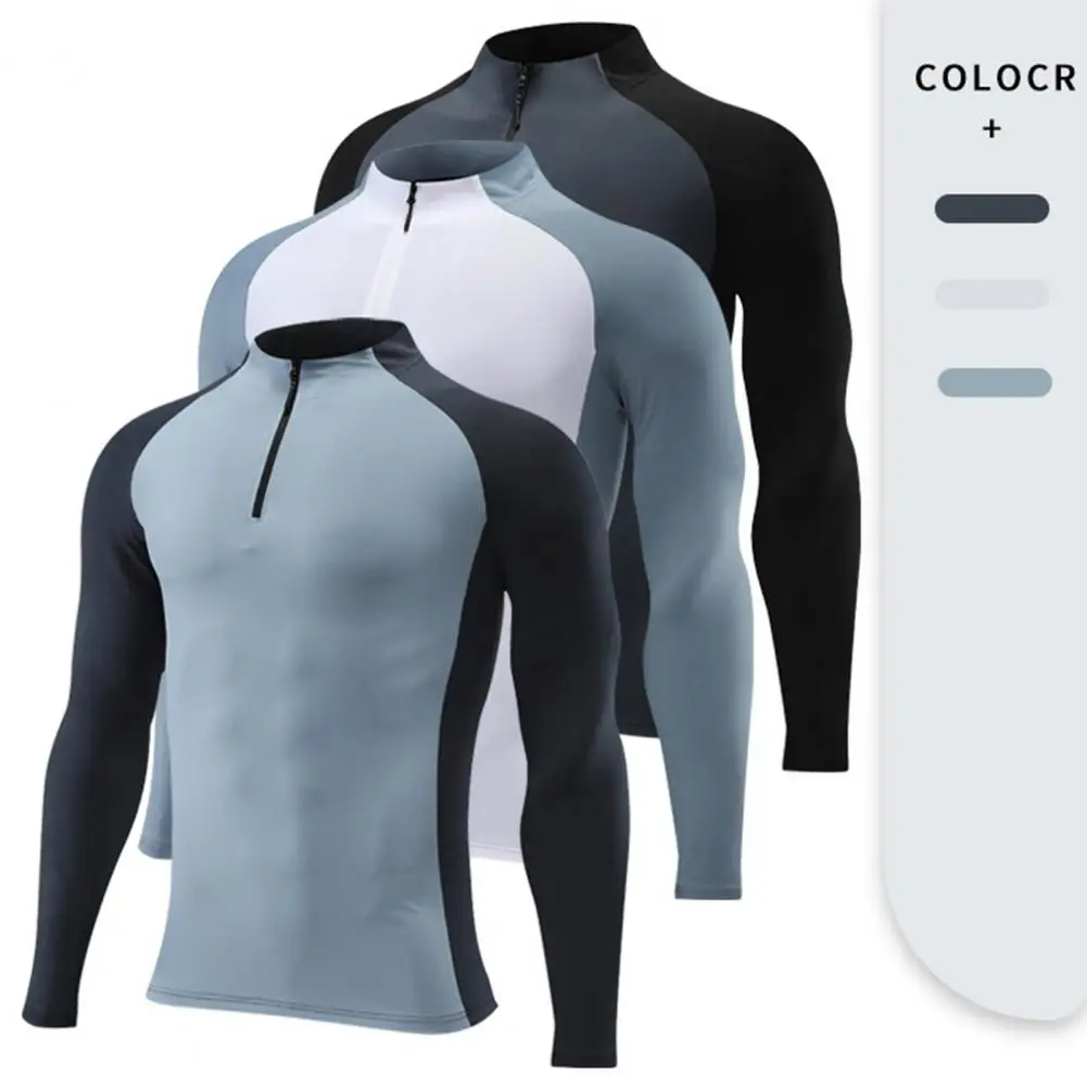 

Relaxed Fit Men Top Men's Long Sleeve Zipper Stand Collar Sports T-shirt with Sweat Absorption Quick Dry Technology for Soft