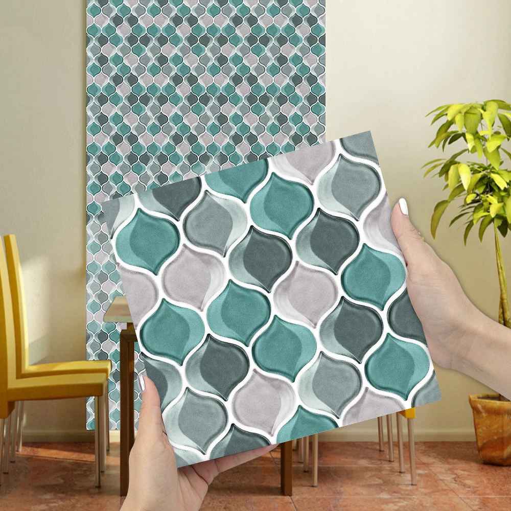 

3D Teal Arabesque Peel and Stick Tile Wall Sticker Self-Adhesive Kitchen Backsplash, Stick on Wall Tiles Bathroom