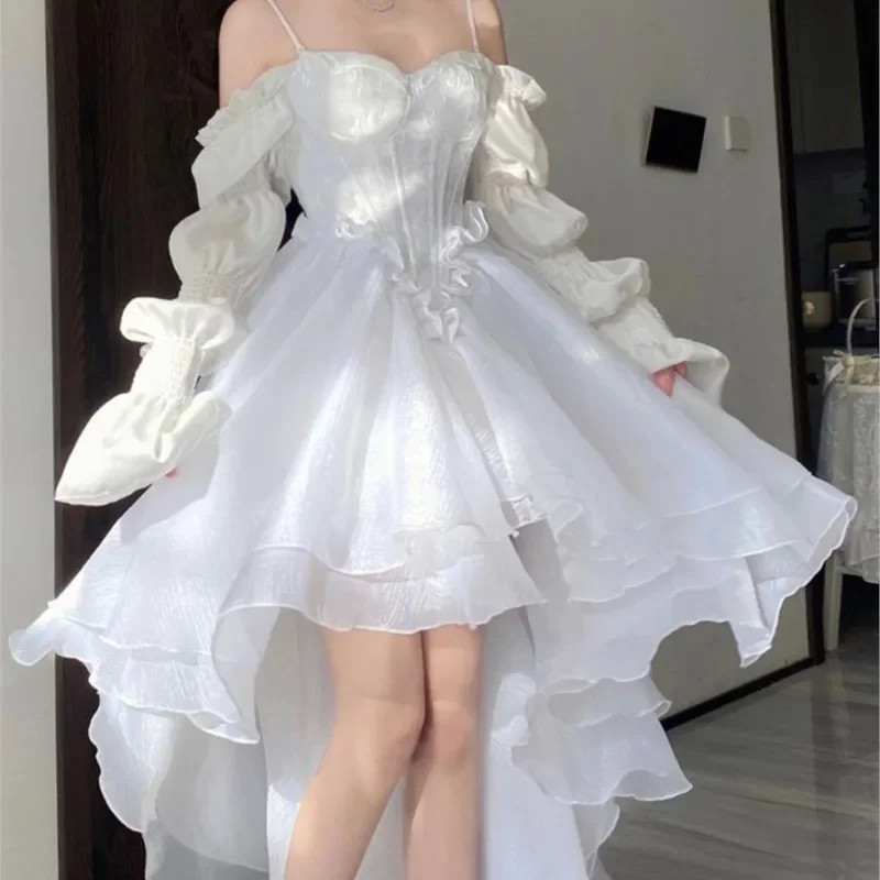 

Spring Elegant White Off Shoulder Fairy Dress Chic Princess Puff Dress Mesh Puff Dress Wedding Party Porm Dress