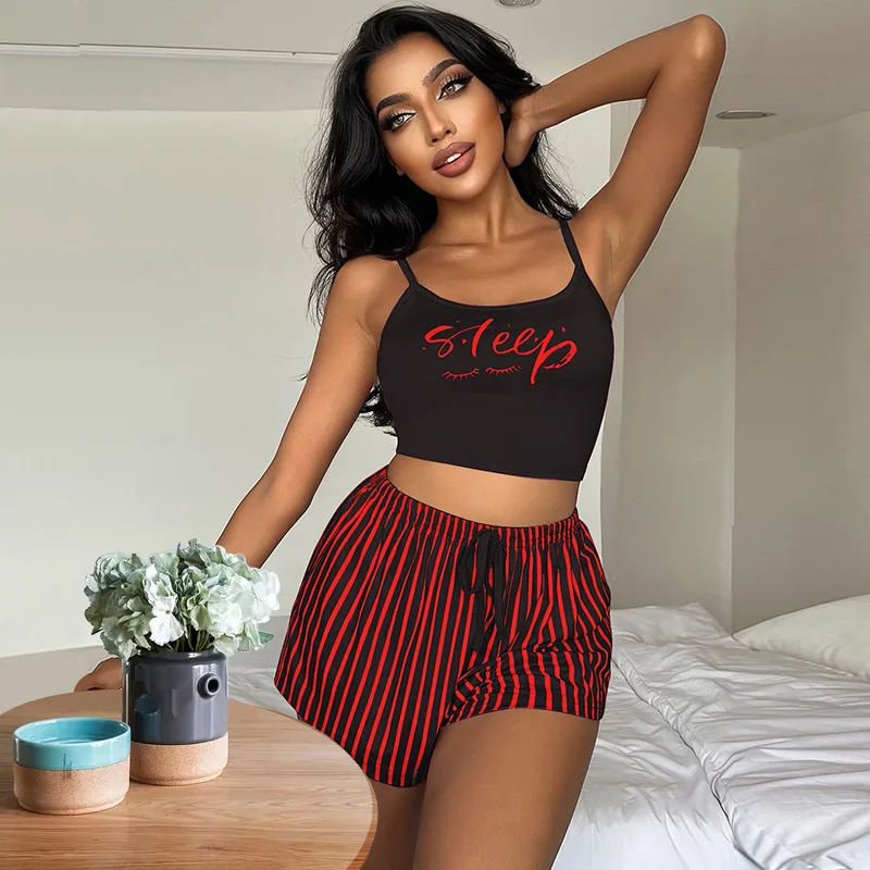 2 Pcs/set Pajama Shorts Suit For Women Letter Print Top Elastic Waist Striped Shorts Female Sling Pajama Sets Underwear Suits
2 Pcs/set Pajama Shorts Suit For Women Letter Print Top Elastic Waist Striped Shorts Female Sling Pajama Sets Underwear Suits
