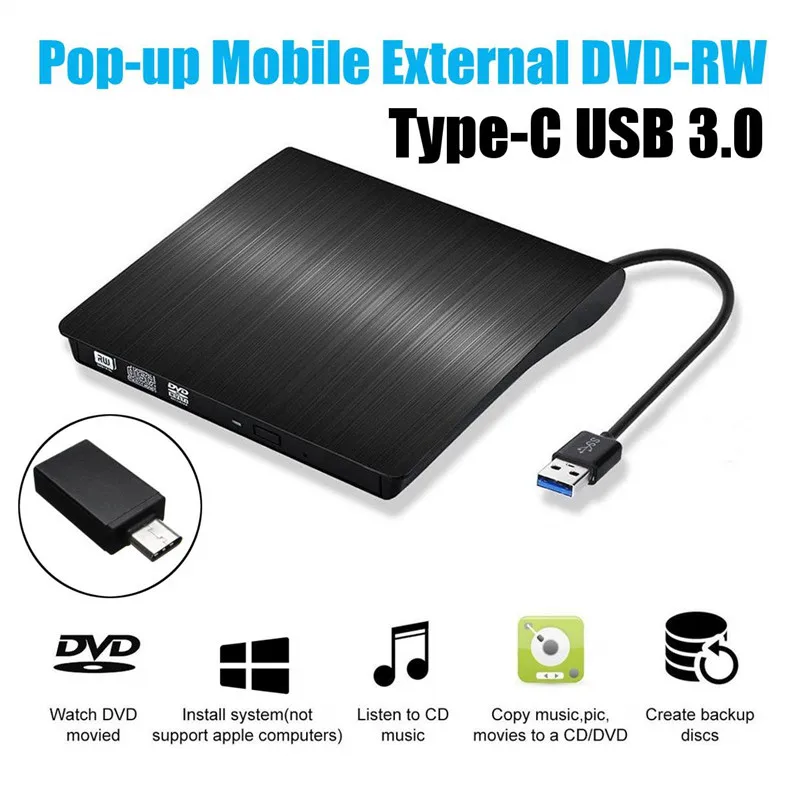 

USB 3,0/Type-C тонкий внешний DVD RW CD записывающий привод, устройство для чтения, проигрыватель, оптические приводы для ноутбука, ПК