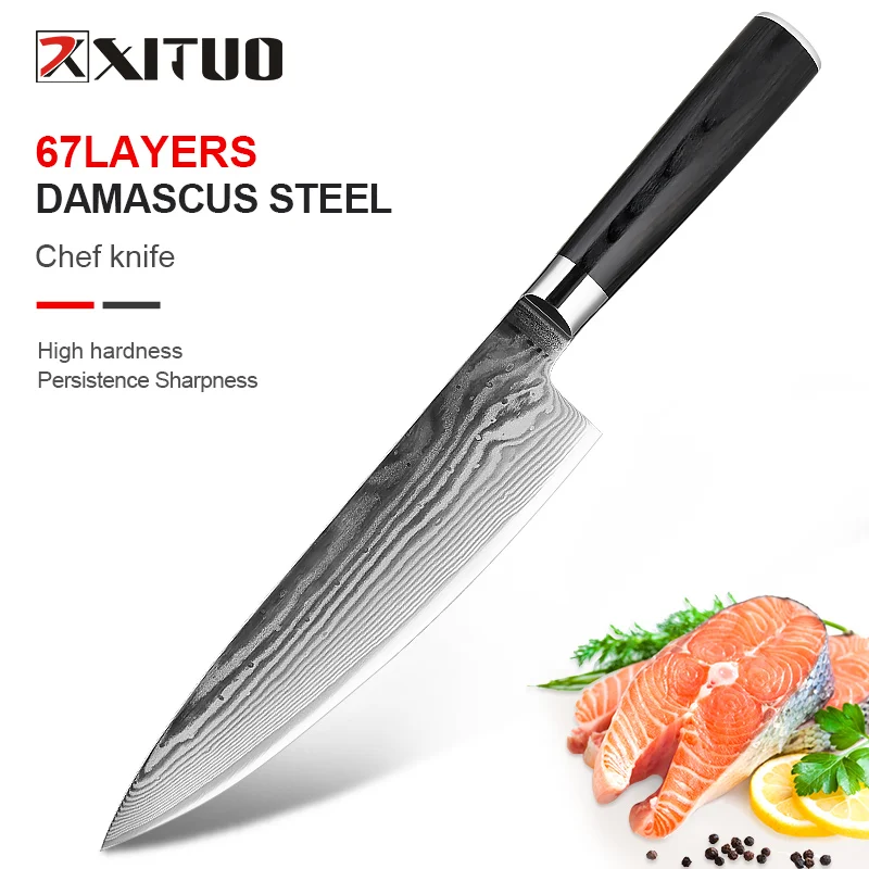 

XITUO дамасский нож шеф-повара, 8 дюймов, острый кухонный нож, Высокоуглеродистая Сталь, режущий нож, домашний нож для готовки, низкая цена