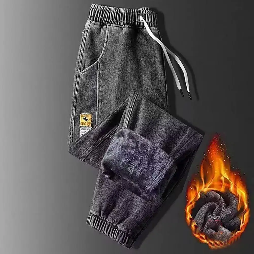 

Winter Men Jeans Cozy Plush-lined Men's Jeans with Drawstring Waist Cuffed Hem Winter Casual Wear for Men Soft Warm for Cold