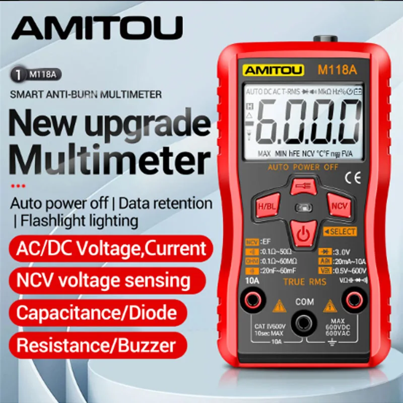 ANENG M118A Digital Mini Multimeter Tester Auto Mmultimetro True Rms Tranistor Meter with NCV Data Hold 6000counts Flashlight
ANENG M118A Digital Mini Multimeter Tester Auto Mmultimetro True Rms Tranistor Meter with NCV Data Hold 6000counts Flashlight