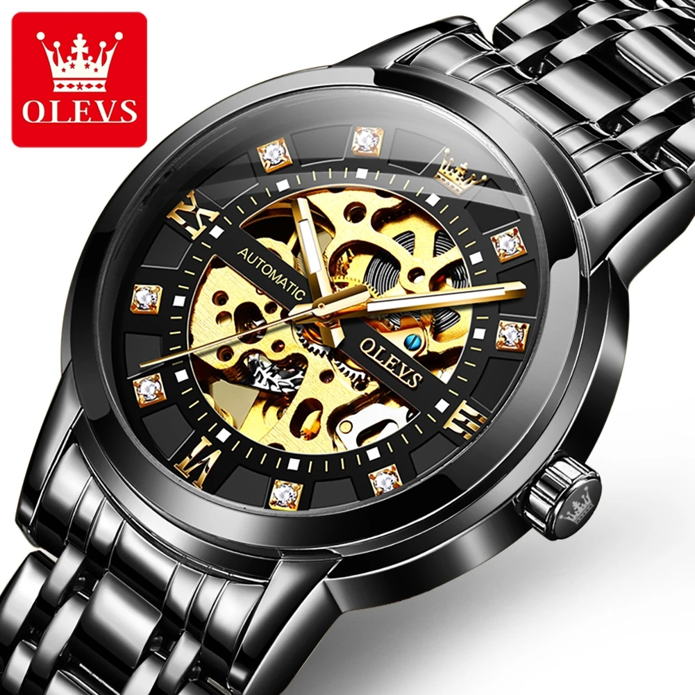 

OLEVS 9901 Automatic Men's Watches Business Skeleton Luxury Diamond Dial Gold Wristwatch Mechanical Watch for Man Original New