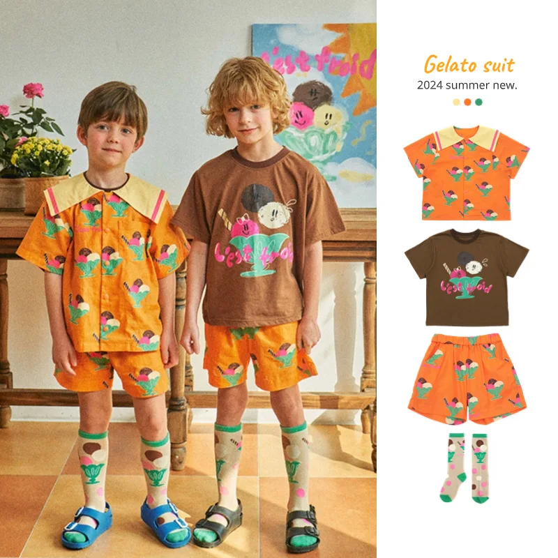 

In Stock! 2024SS BEBE New Kids Short-sleeved Suit Boys and Girls Ice Cream T-shirt Shirt Shorts