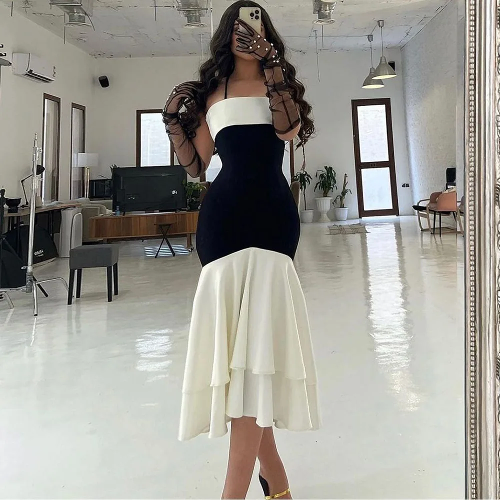 Mermaid Saudi Arabia Midi Evening Dresses Black Ivory Satin African Formal Prom Dress Tierd Women Prom Party Gowns
Mermaid Saudi Arabia Midi Evening Dresses Black Ivory Satin African Formal Prom Dress Tierd Women Prom Party Gowns