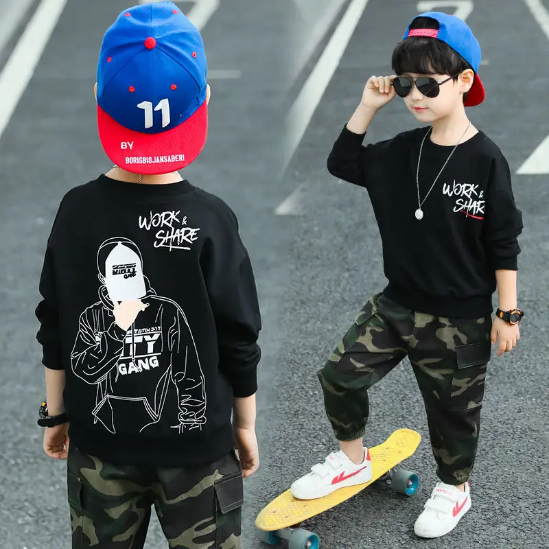 

Новинка 2022, весенне-осенний Модный свитшот для мальчиков, Молодежный Хлопковый пуловер с длинным рукавом, черный с буквенным принтом для мальчиков 4-12 лет
