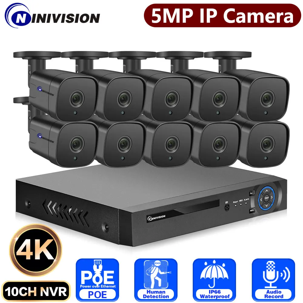 

8MP CCTV Black Bullet Camera Security System Kit 4K 10CH POE NVR Kit 5MP Video Surveillance System Outdoor Street IP Camera Set