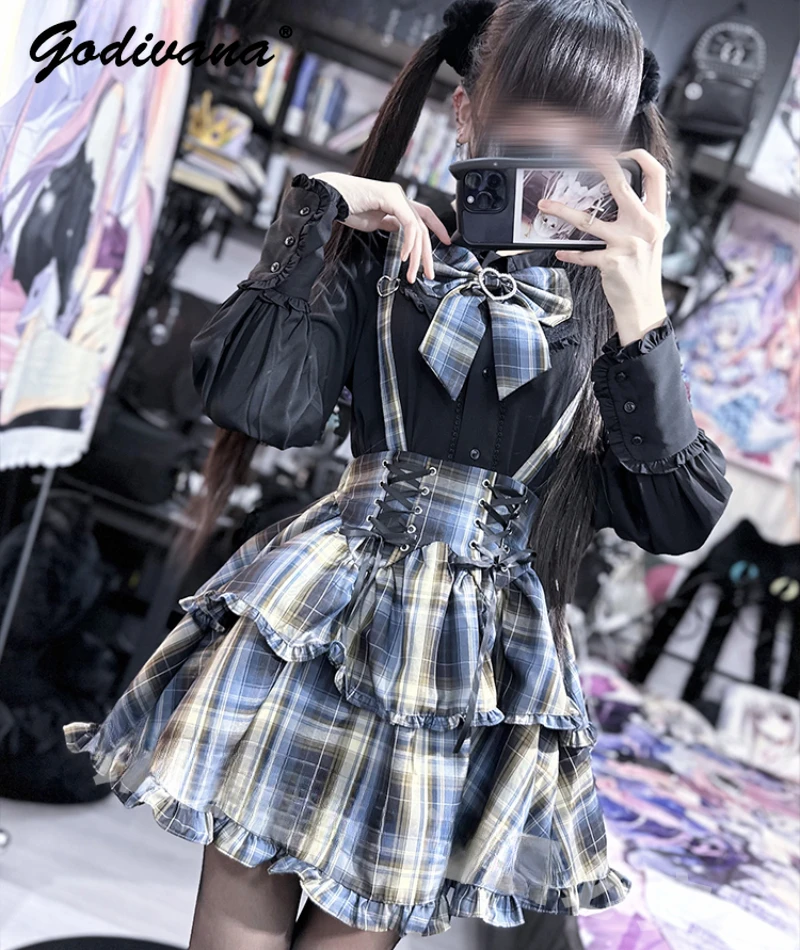 

2024 New Spring Ladies Lace Bow Long-Sleeved Black Shirt Sweet Blouses Plaid Suspender Skirt 2 Piece Set Sub-Culture Mine Suit