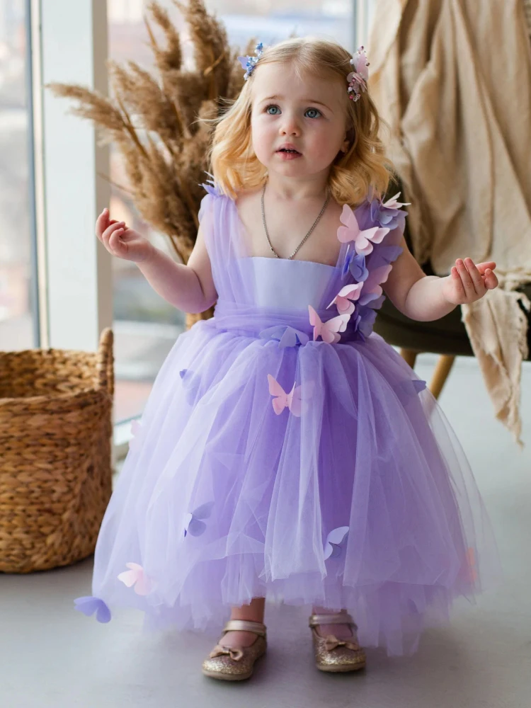 

Платья для девочек с цветами, фиолетовое Тюлевое платье с объемными бабочками без рукавов для свадьбы, дня рождения, вечеринки, банкета, первого причастия