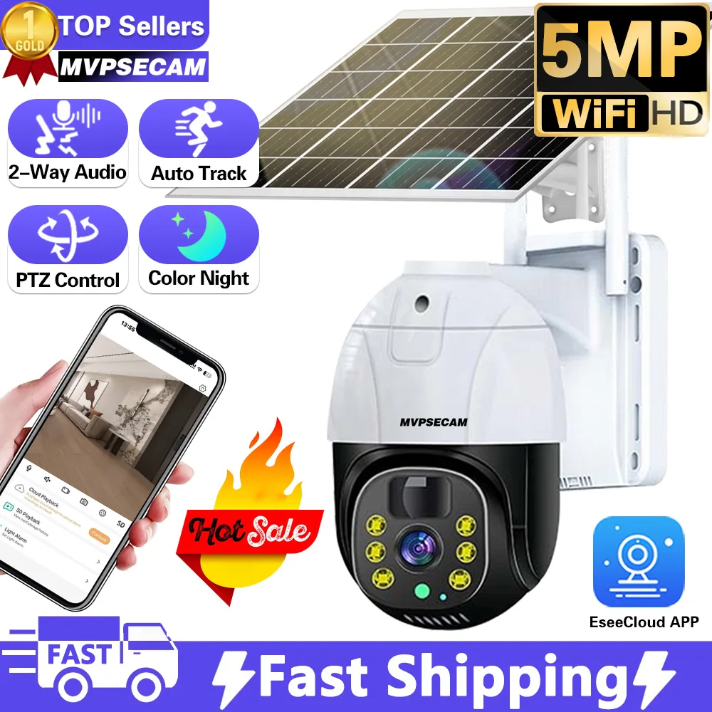 

HD 5MP Smart WIFI Solar CAMERA Powered Battery IP PTZ Security Camera Two Way Audio PIR Detection Wireless Out solar CCTV 4G Cam