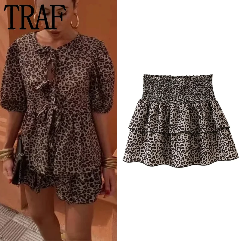 

TRAF Leopard Print Ruffle Skirts Women High Waist Skirts Sexy Short Skirts Elastic Waist Elegant Woman Mini Skirts Summer 2024