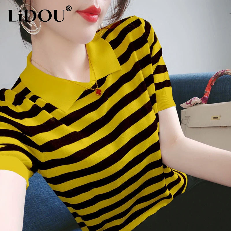 Summer Fashion Striped Short Sleeve Casual T-shirt Ladies Knitted Loose All-match Top Women Pullover Female Polo-neck Simple Tee
Summer Fashion Striped Short Sleeve Casual T-shirt Ladies Knitted Loose All-match Top Women Pullover Female Polo-neck Simple Tee