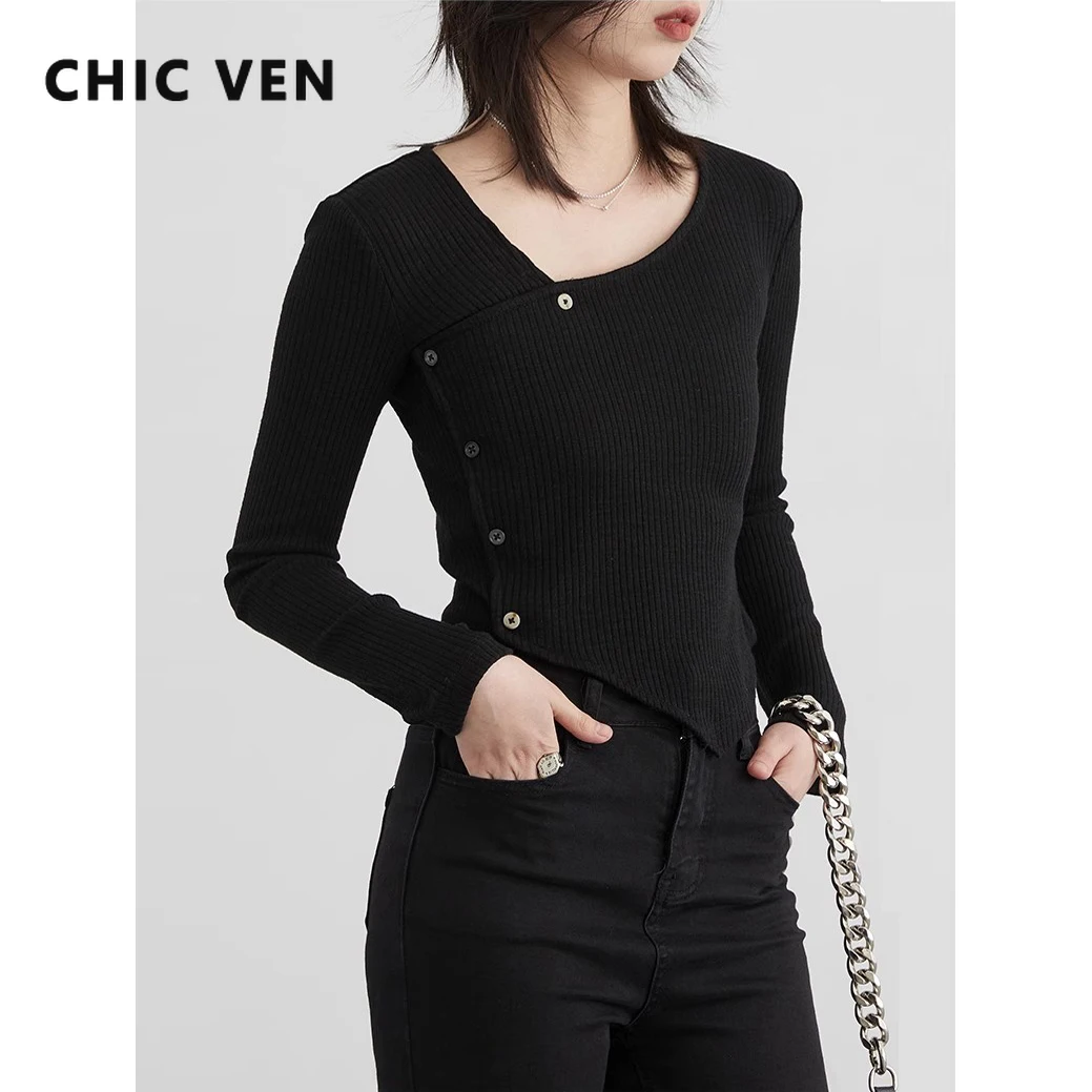 

CHIC VEN Women T-Shirts V Neck New Design Irregular Slanted Long sleeved Female Tees Slim Woman Top Spring Summer 2024