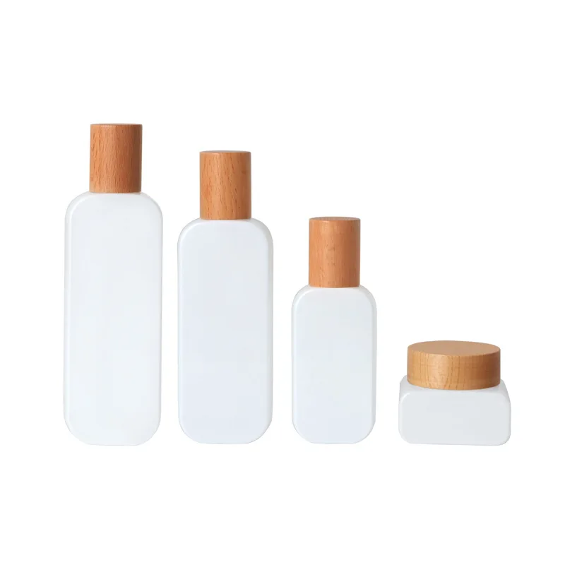 

6Pcs 30ml 50ml 100ml 120ml Refillable Bottle White Empty Cosmetic Packaging Lotion Pump Wood Lid Square 30G 50G Glass Cream Jars