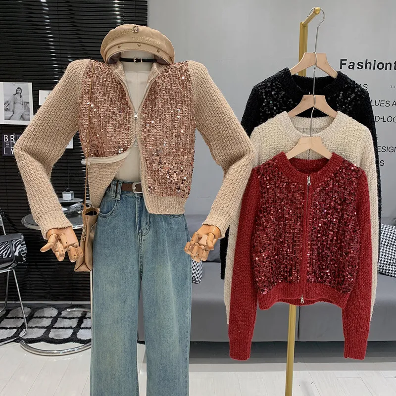 Exquisite sequin zipper red round neck knitted cardigan long sleeved sweater top coat
Exquisite sequin zipper red round neck knitted cardigan long sleeved sweater top coat
